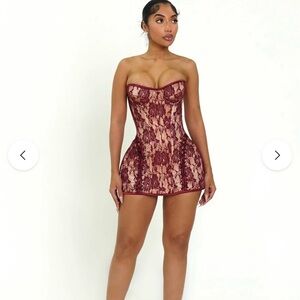 Strapless Burgundy Lace Mini Dress